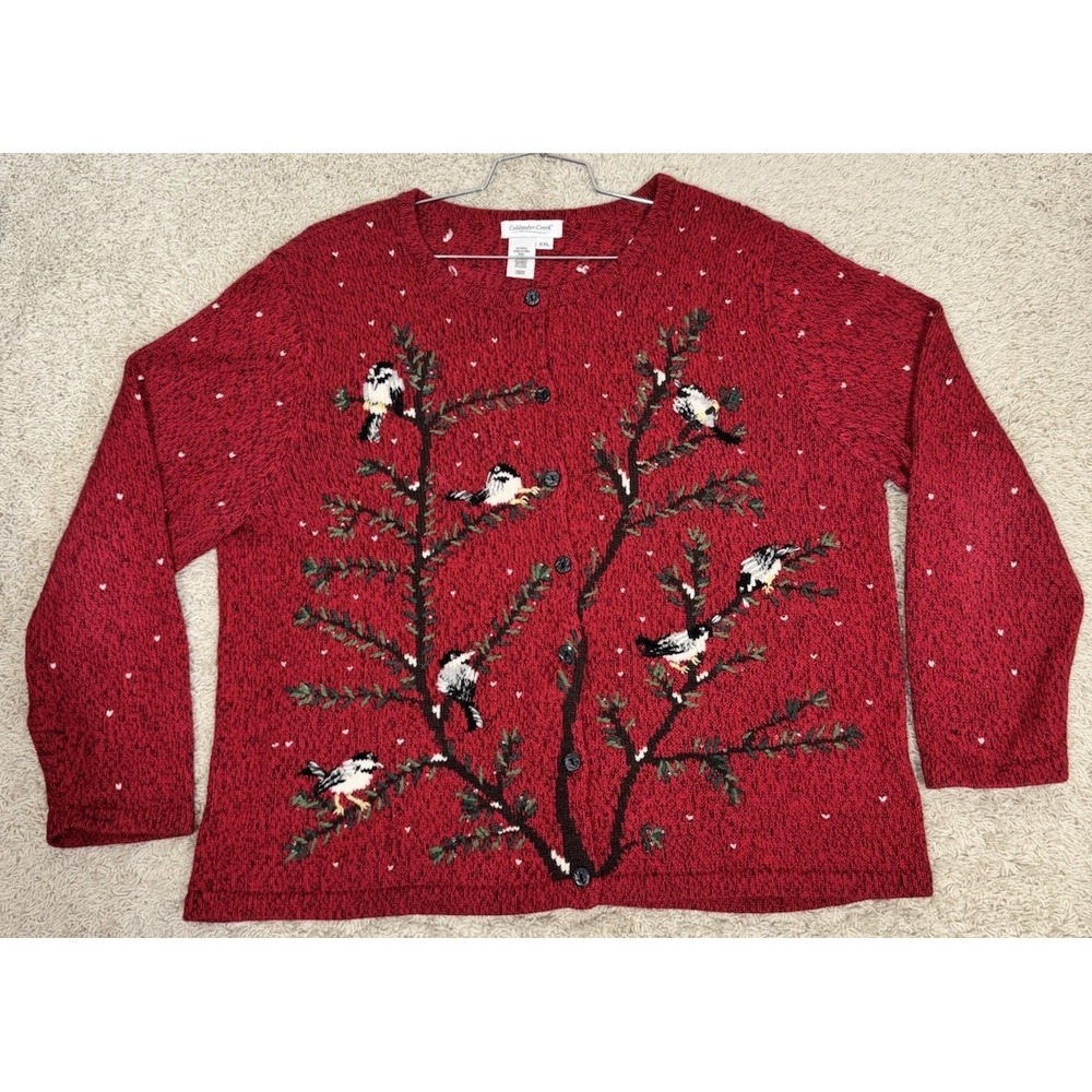 Coldwater Creek Button Up Embroidered Christmas Bird Sweater Women's XXL Holiday